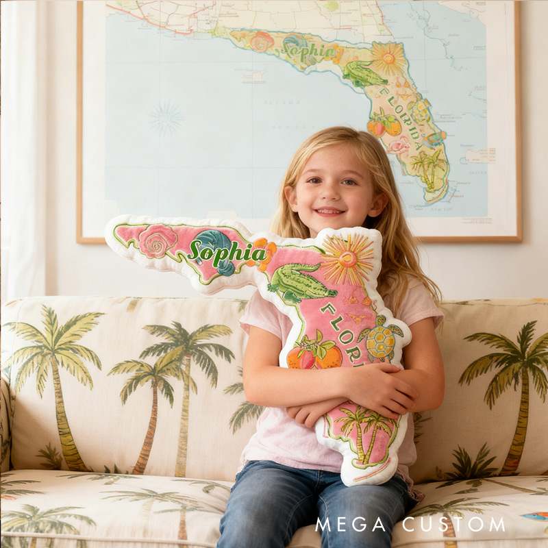 Personalized Florida Travel Pillow Graphic 3D Print Cute Preppy Pink Florida and Custom Name Pillow for Travel Lovers