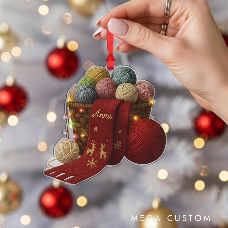 Personalized Knitting Ornament Yarn Basket Christmas Decor Custom Name Knitter Gift