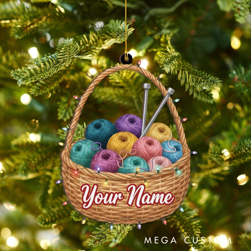 Personalized Yarn Basket Ornament Custom Name Knitting Crochet Christmas Gift Knitter Seamstress Crafter Keepsake