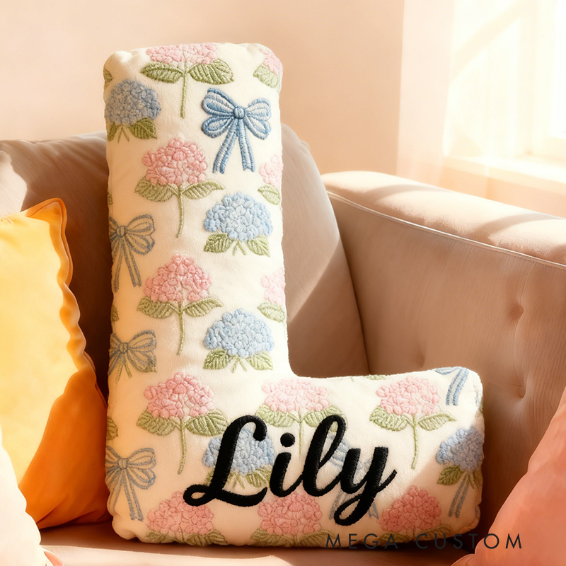 Personalized Hydrangea Letter Letter Pillow Graphic 3D Print Bow and Hydrangea Custom Name Pillow for Gardening Lovers