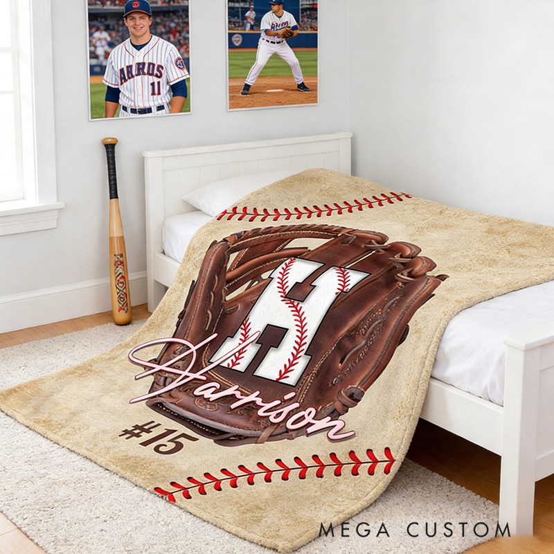 Personalized Baseball Lover’s Throw Blanket with Baseball Glove Design with Initials Name and Number Gift for Baseball Enthusiasts
