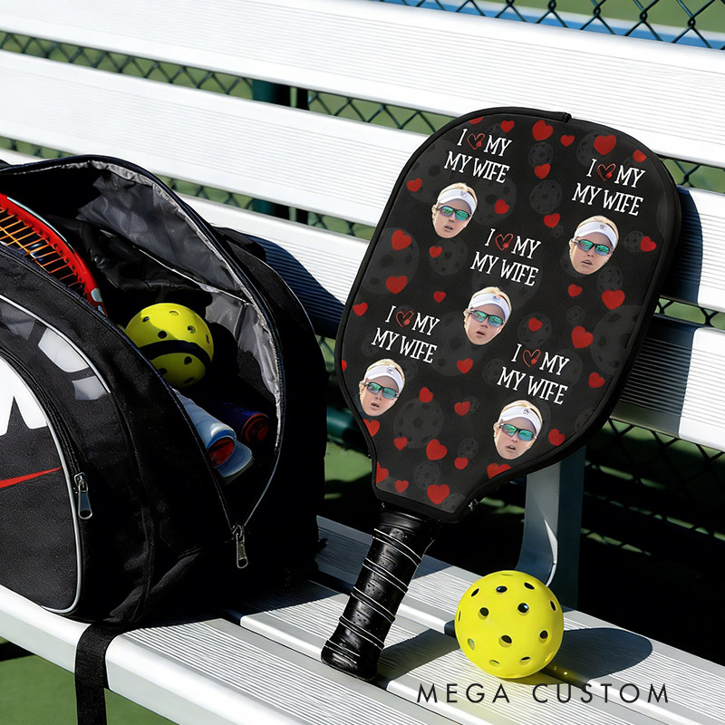 Personalized Photo Pickleball Paddle Cover I Love My Wife Custom Funny Face Valentine's Day Gift 