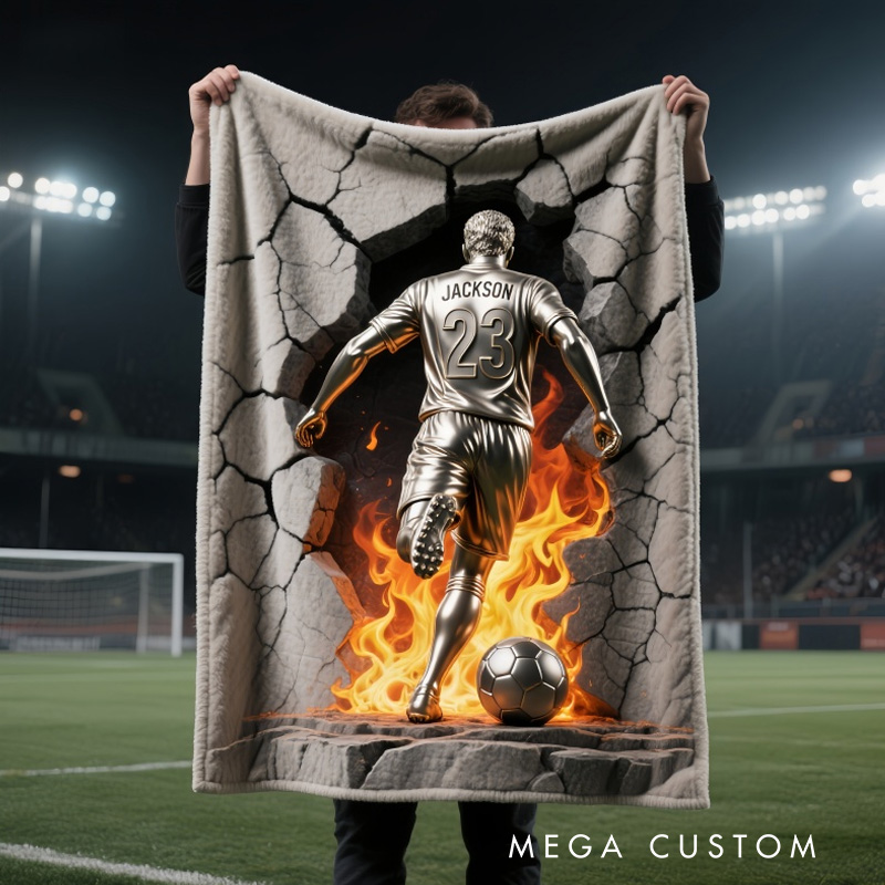 Personalized Soccer Blanket 2D Metallic-Style Soccer Print with Soccer Player Name And Number 