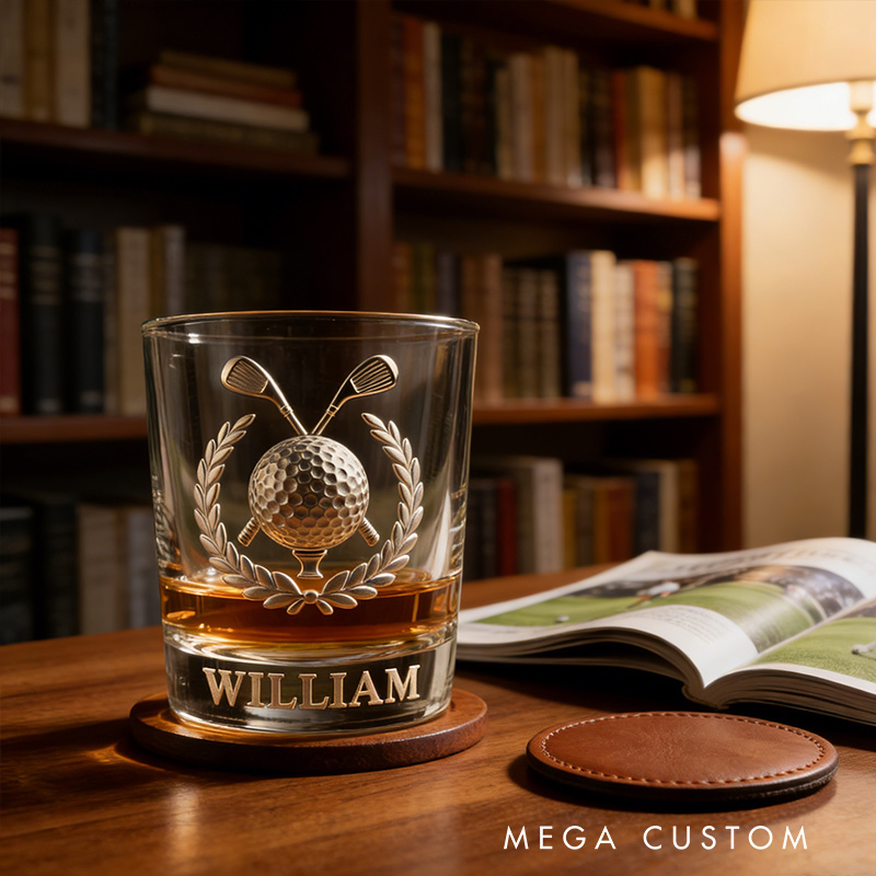Personalized Golf Whiskey Glass 2D Metallic Style Print with Custom Name for Golf Lovers