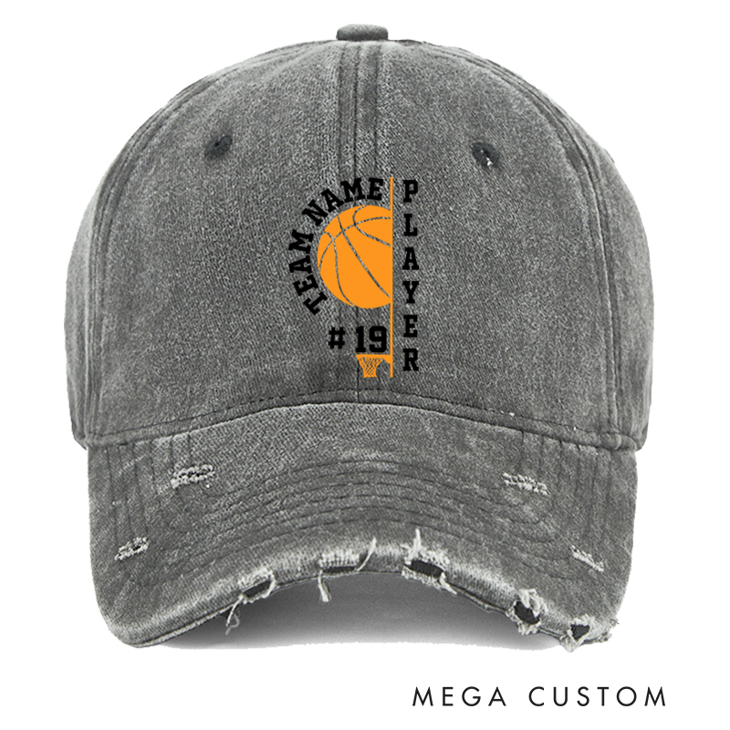 Personalized Distressed Denim Basketball Cap with Custom Team Name Player Title and Number Design
