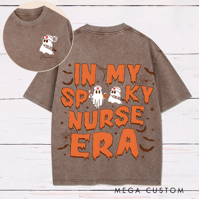 Personalized Two Sides Printed Washed T-Shirt Customized In My Spooky Nurse Era Design Washed T-Shirt 