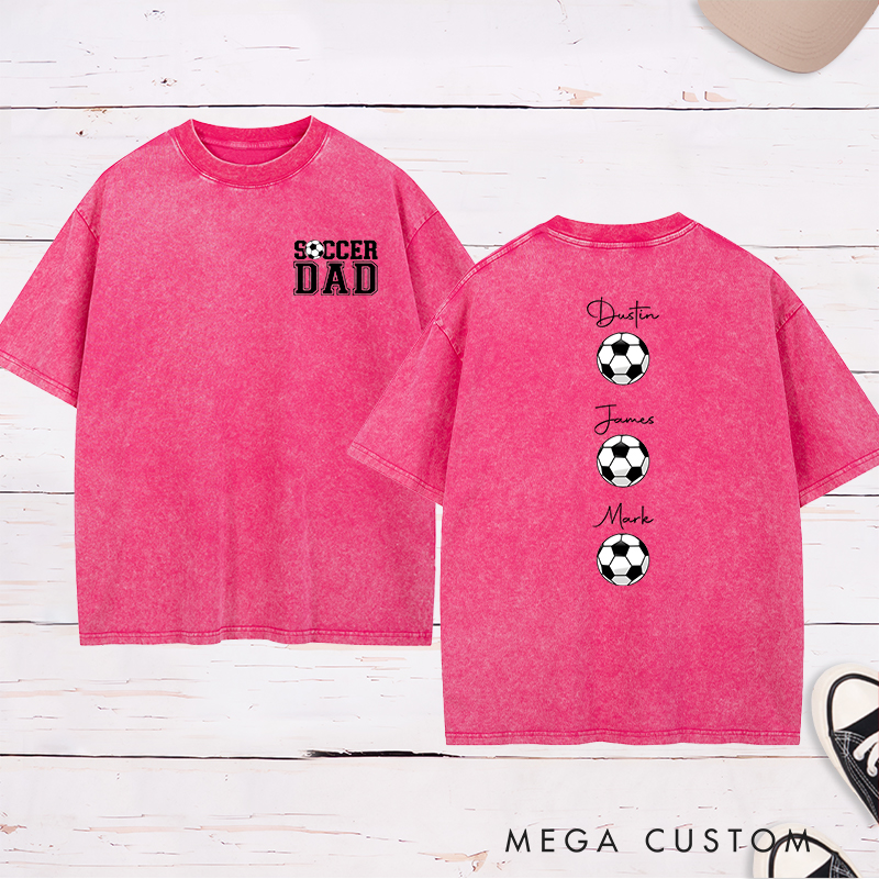 Personalized Soccer Dad Washed T-Shirt with Custom Kids’ Names and Ball Graphics