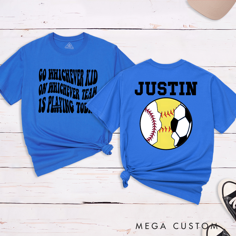 Personalized Sports T-Shirt Featuring Baseball Soccer and Softball Graphics with Customizable Back