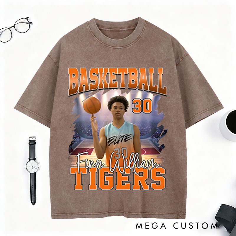 Personalized Basketball Washed T-Shirt Featuring Custom Photo and Team Design