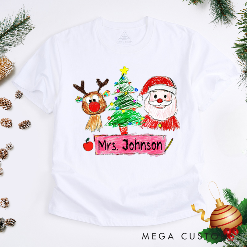 Personalized Teacher Christmas T-Shirts Cute Rudolph Christmas Tree Santa Claus Design Shirt Christmas Gift for Teachers
