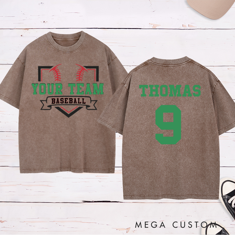 Personalized Team Name Baseball Home Plate Design Washed T-Shirt
