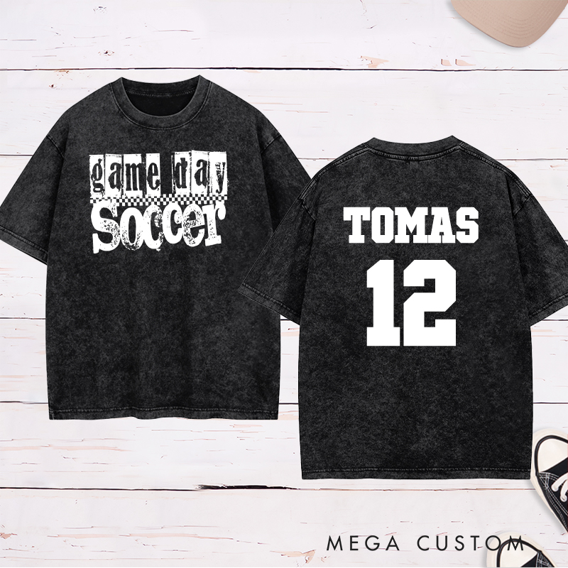 Personalized Game Day Soccer Washed T-Shirt with Grunge Checkerboard Design and Custom Name and Number