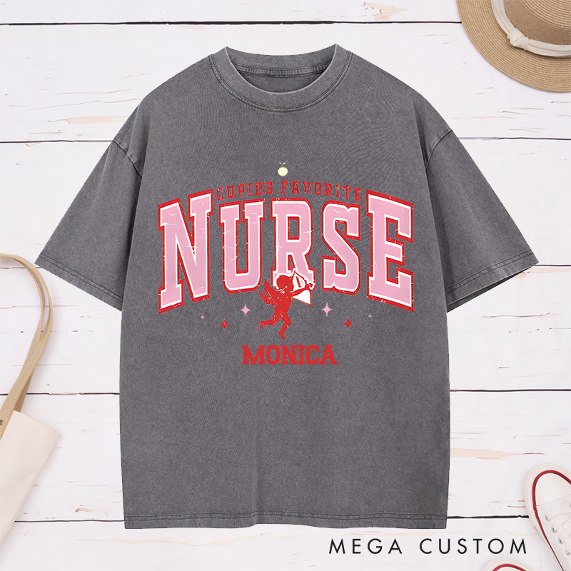 Personalized Nurse Washed T-Shirt Customized Cupid's Favorite Nurse Design Washed T-Shirt 