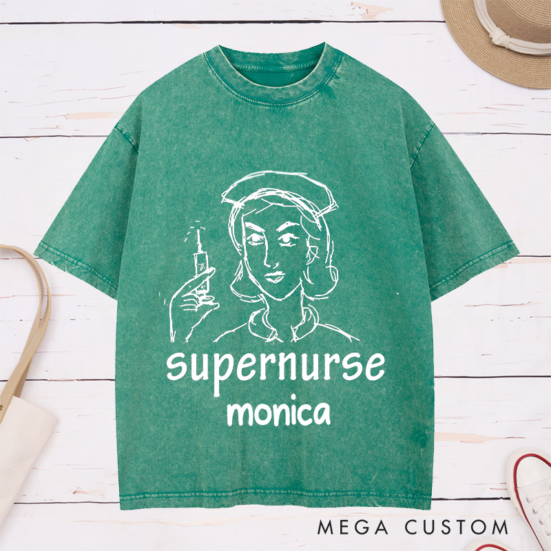 Personalized Nurse Washed T-Shirt Customized Supernurse Design Washed T-Shirt 