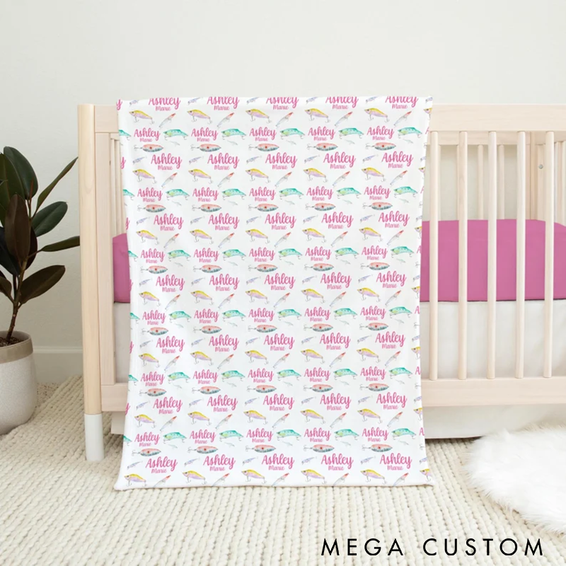  Personalized Fishing Blanket Fish Girl Blanket Fishing Nursery Vibrant Lure Design Gift for Fishing Lover