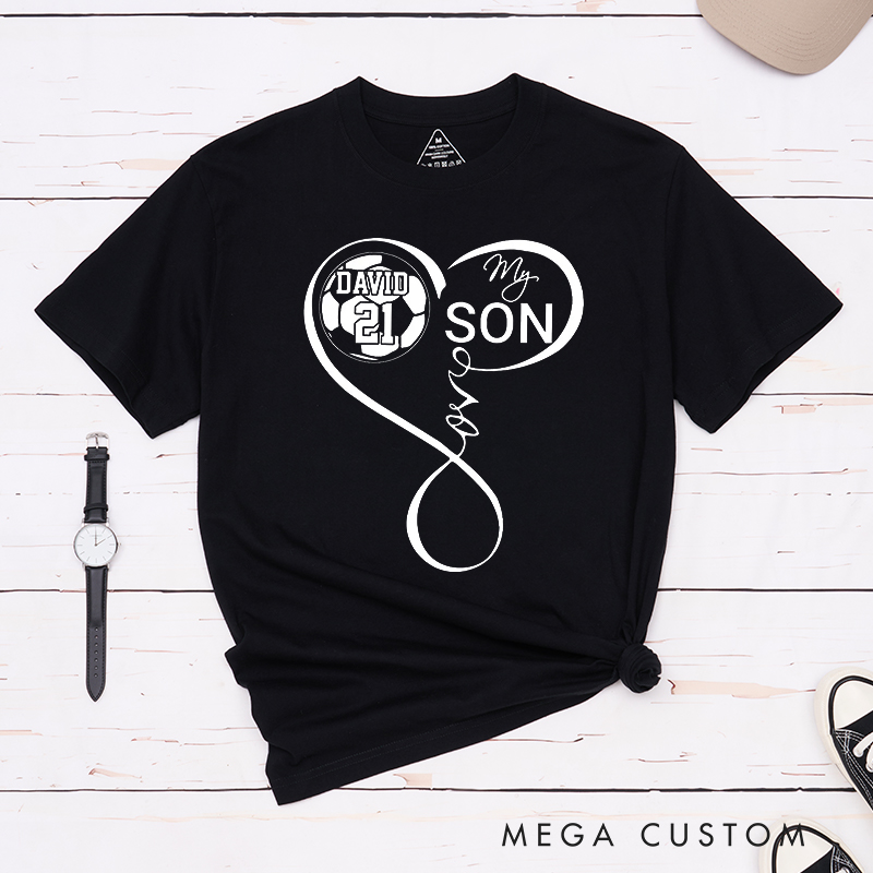 Personalized "My Son" Soccer T-Shirt with Heart Design and Custom Name and Number