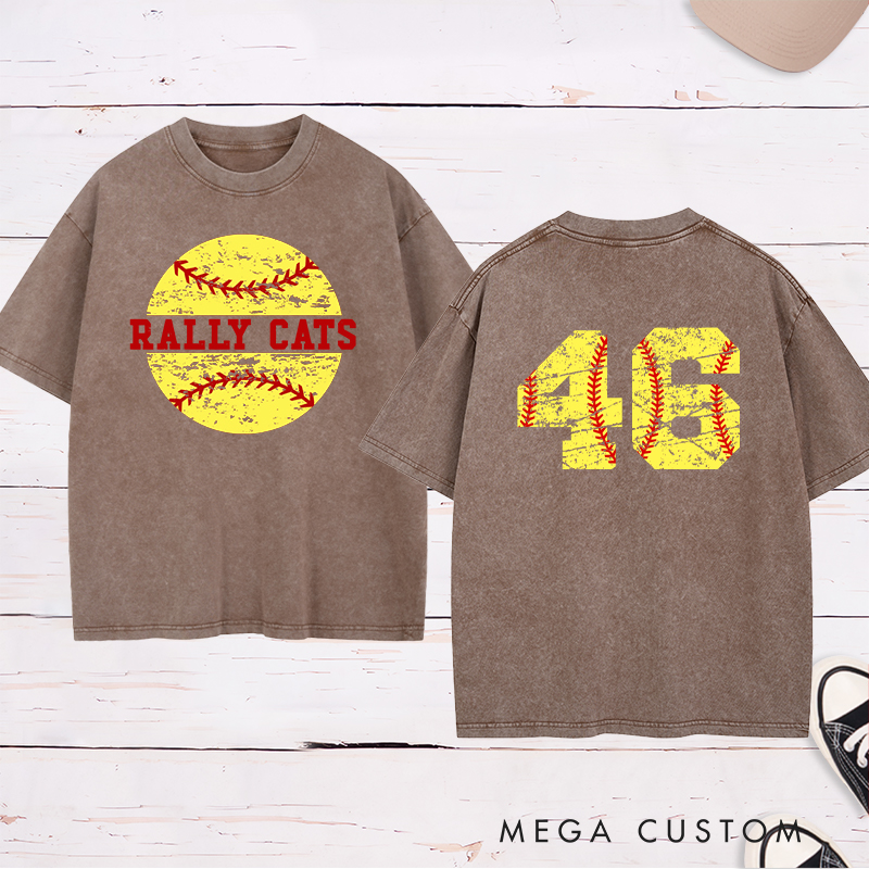 Personalized Softball Washed T-Shirt Design Featuring Custom Team Name Distressed Softball Graphic and Bold Jersey Number on the Back