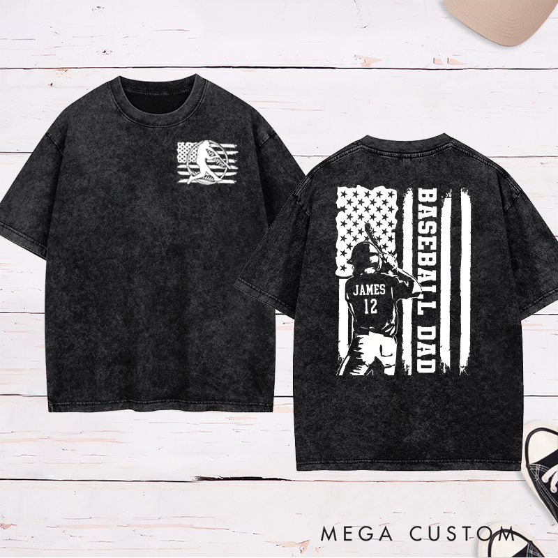 Personalized Baseball Dad Washed T-Shirt with Patriotic Flag and Custom Name and Number