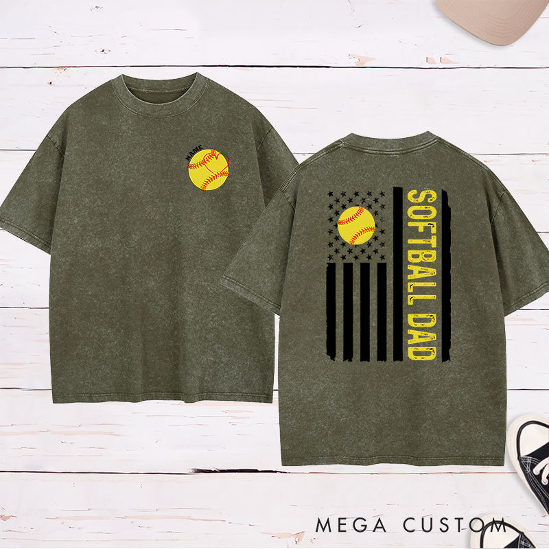 Personalized Softball Dad Washed T-Shirt with Custom Name and Number Patriotic Design Perfect Gift for Proud Softball Dads