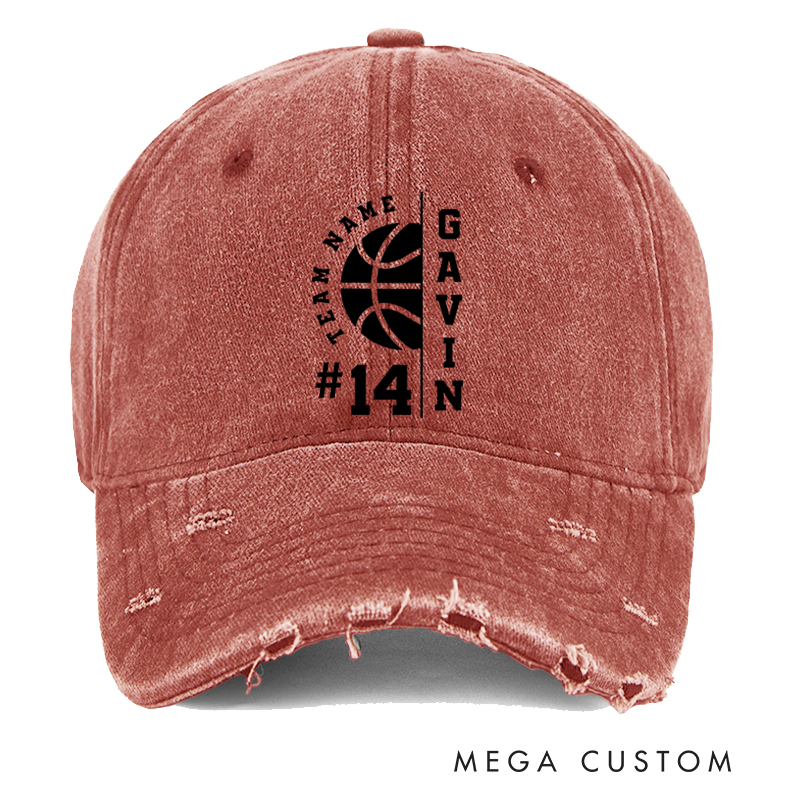 Personalized Distressed Denim Basketball Cap with Custom Team Name Player Name and Number Design