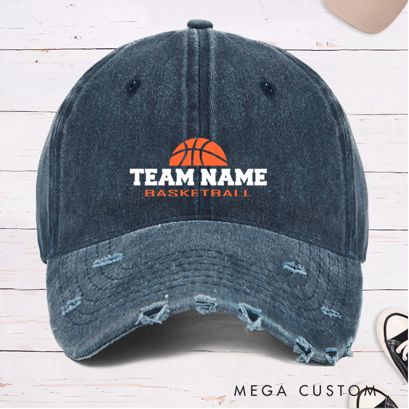 Personalized Distressed Denim Basketball Cap with Custom Team Name Design