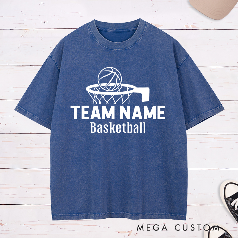 Personalized Washed T-Shirt Design Featuring a Basketball Hoop Graphic with Customizable Team Name and Basketball Text