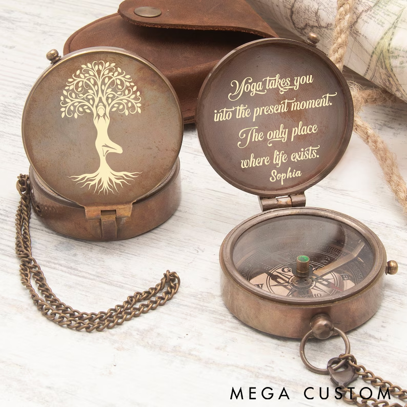 Personalized Yoga Compass with Vintage Tree Design and Inspirational Quote Unique Gift for Yoga Lovers