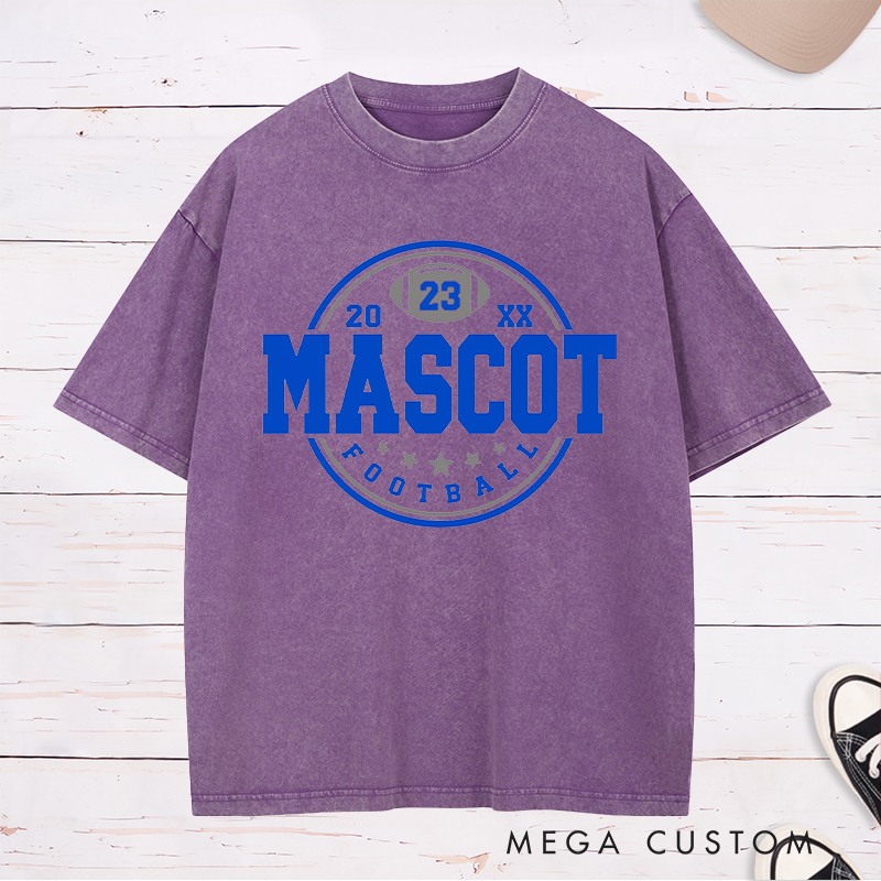 Personalized American Football Washed T-Shirts Featuring Custom Mascot ,Number and Year on the Front