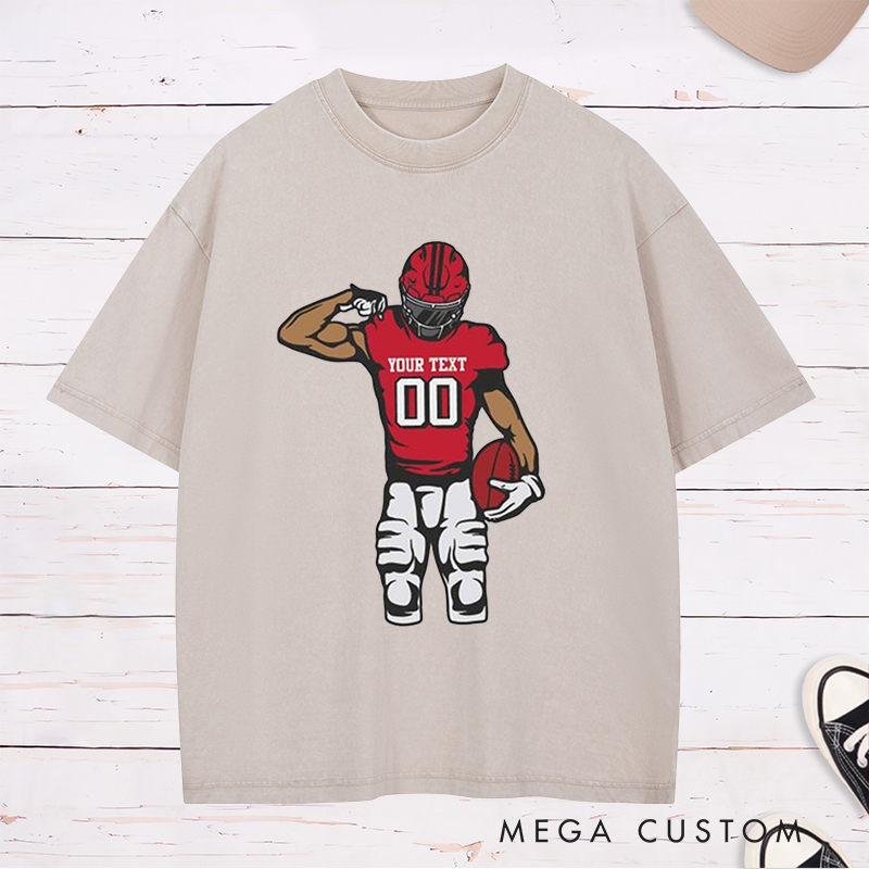 Personalized American Football Washed T-Shirts Featuring Custom Name and Number on the Front