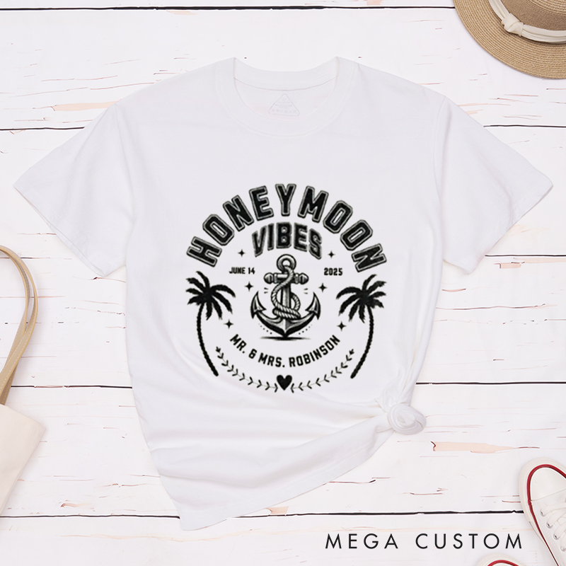 Personalized Nautical Honeymoon Vibes with Anchor and Palm Trees Matching Honeymoon Couple Classic T-Shirt