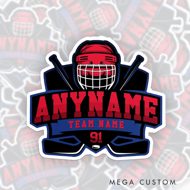 Personalized Ice Hockey Sticker Featuring Bold Helmet with Custom Name, Team Name, and Number