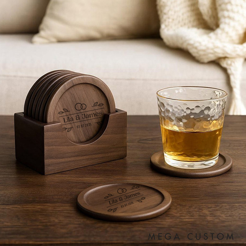 Personalized Engraved Rings and Leaves Wedding Couple Walnut Wood Coaster Set
