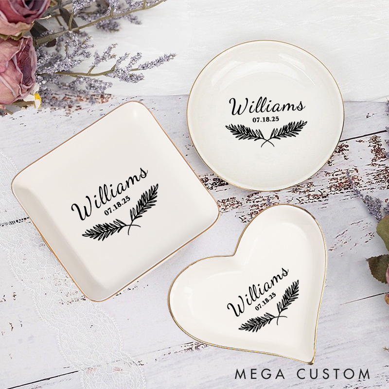 Personalized Classic Fern Wedding Monogram with Date Wedding Engagement Gold-Trimmed Ring Dishes