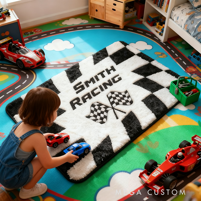 Personalized Checkered Flag Doormat with Custom Name Design for Racers and Racing Lovers