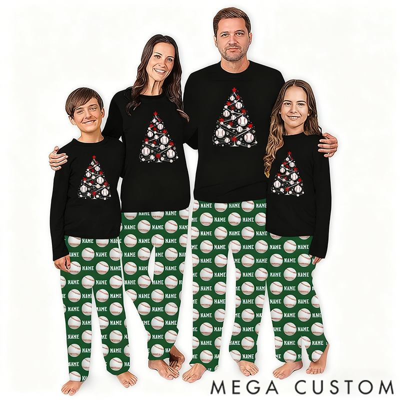 Personalized Christmas Pajamas Set Baseball Christmas Tree Matching Family Pajamas With Name for Family 