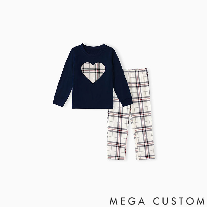Personalized Custom Name Family Matching School Grid Letter Print Patch Long Sleeve Pajamas Sets for Family