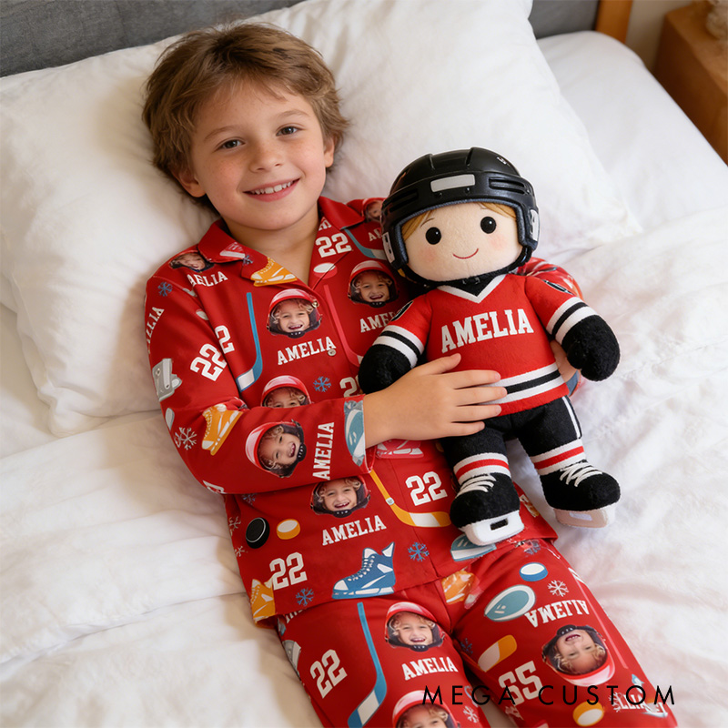 Personalized Kids Photo Hockey Pajamas with Costom Photo and Name for Hockey Fans