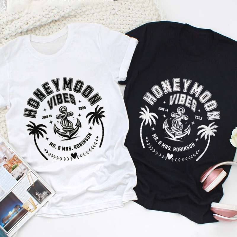 Personalized Nautical Honeymoon Vibes with Anchor and Palm Trees Matching Honeymoon Couple Classic T-Shirt
