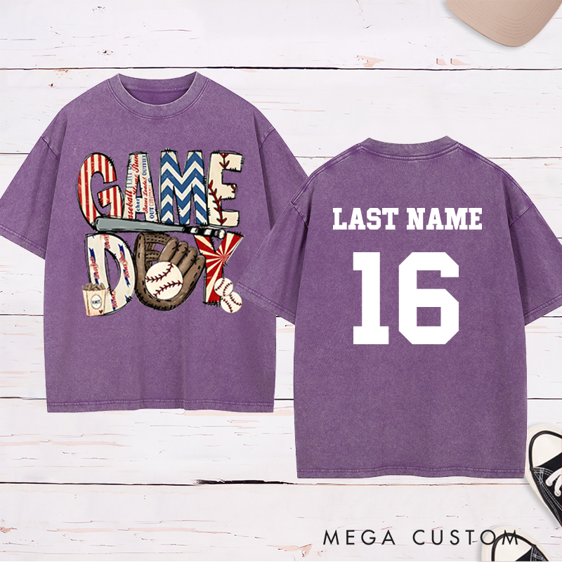 Personalized Patriotic "Game Day" Baseball Washed T-Shirt with Custom Name and Number   