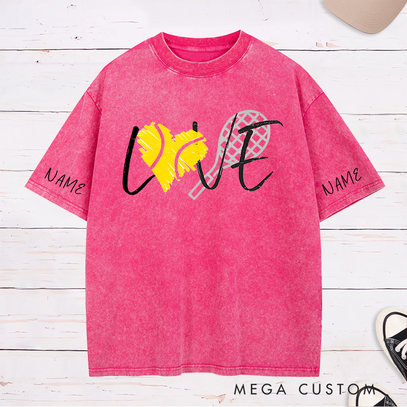 Personalized Tennis Love Washed T-Shirt with Heart and Racket Design and Custom Name