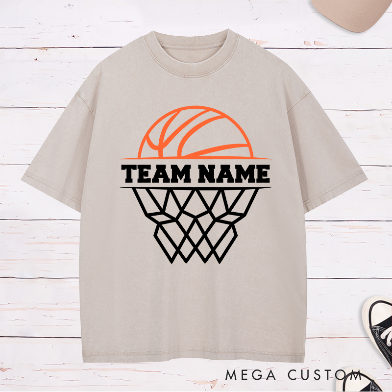 Personalized Basketball Team Washed T-Shirt Design Featuring Custom Team Name with Bold Hoop and Ball Graphic