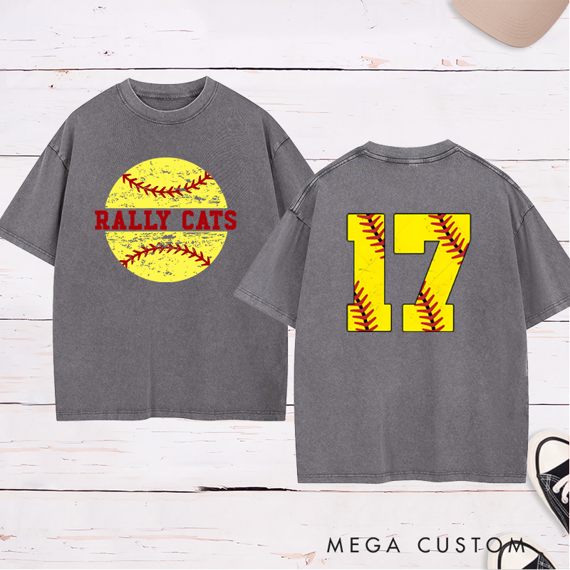 Personalized Softball Washed T-Shirt Design Featuring Distressed Player Number with Bold Softball Stitching Graphics