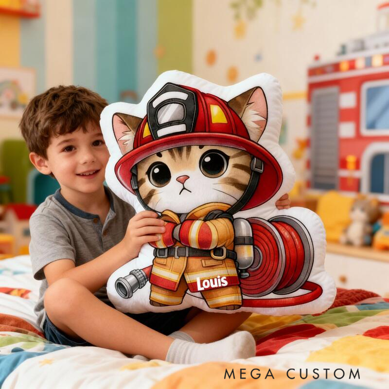 Personalized Cartoon Shaped Pillow Cute Cat Firefighter Design Unique Gifts