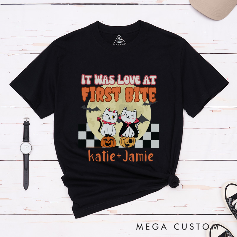 Personalized It was Love at First Bite and Fangs for the Memories Cat Design Couple Matching Halloween T-Shirt
