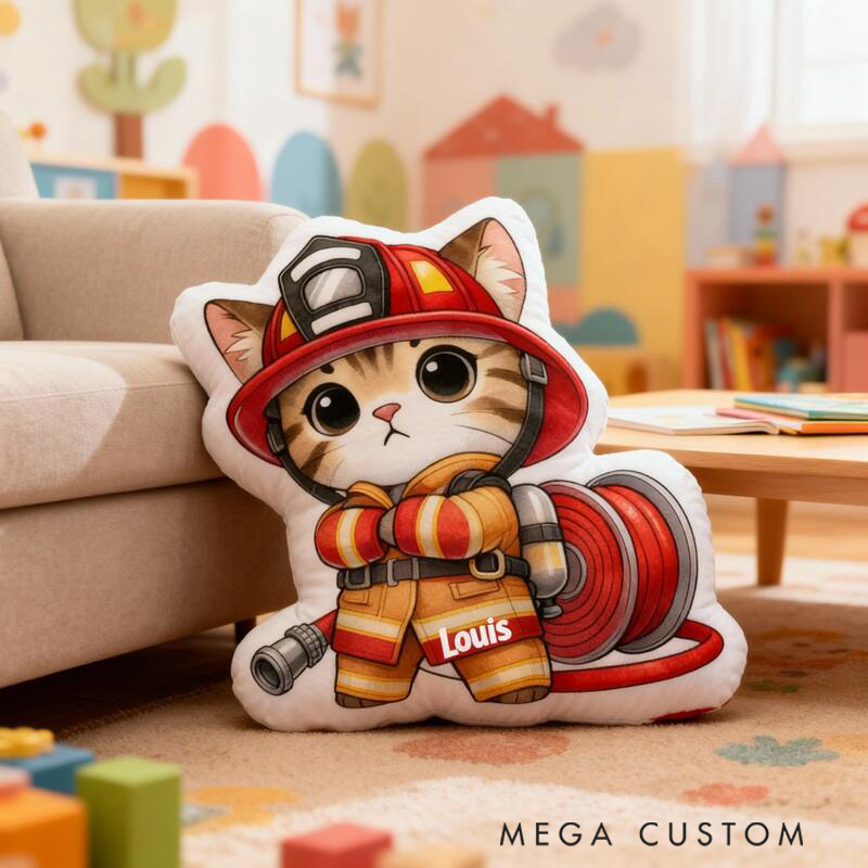 Personalized Cartoon Shaped Pillow Cute Cat Firefighter Design Unique Gifts