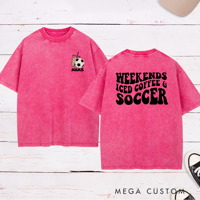 Personalized "Weekends, Iced Coffee & Soccer" Soccer Washed T-Shirt with Custom Name