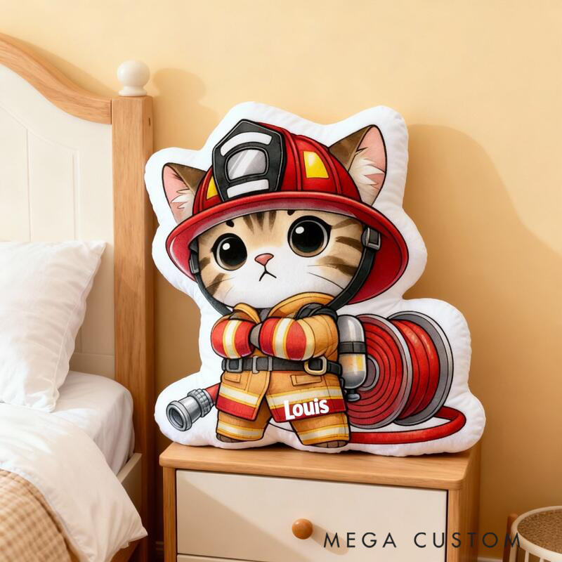 Personalized Cartoon Shaped Pillow Cute Cat Firefighter Design Unique Gifts