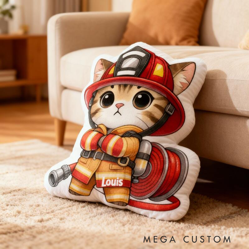 Personalized Cartoon Shaped Pillow Cute Cat Firefighter Design Unique Gifts