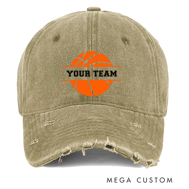 [Copy]Personalized Distressed Denim Basketball Cap with Custom Team Name Player Title and Number Design