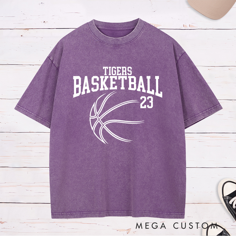 Personalized Washed T-Shirt Design Featuring Custom Team Name and Player Number with Sleek Basketball Graphic in a Bold Arch Layout
